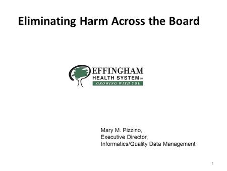 Slide 1 1 Eliminating Harm Across the Board Mary M. Pizzino, Executive Director, Informatics/Quality Data Management.