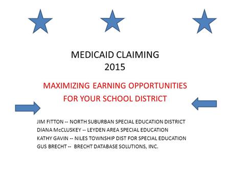 MEDICAID CLAIMING 2015 MAXIMIZING EARNING OPPORTUNITIES FOR YOUR SCHOOL DISTRICT JIM FITTON -- NORTH SUBURBAN SPECIAL EDUCATION DISTRICT DIANA McCLUSKEY.