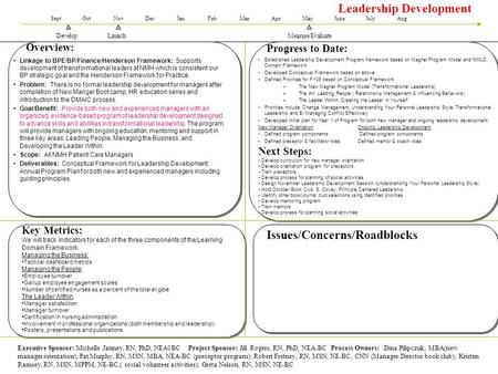 Leadership Development Launch SeptOctNovDecJanFebMarAprMayJuneJulyAug Overview: Progress to Date: Key Metrics: We will track indicators for each of the.