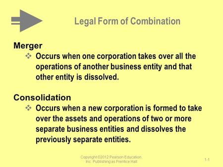 Legal Form of Combination Merger  Occurs when one corporation takes over all the operations of another business entity and that other entity is dissolved.
