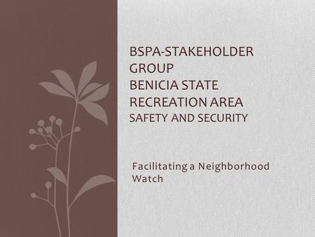 Facilitating a Neighborhood Watch BSPA-STAKEHOLDER GROUP BENICIA STATE RECREATION AREA SAFETY AND SECURITY.