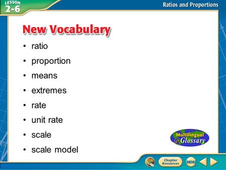 Vocabulary ratio proportion means extremes rate unit rate scale scale model.