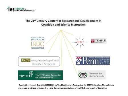 The 21 st Century Center for Research and Development in Cognition and Science Instruction Funded by: through Grant R305C080009 to The 21st Century Partnership.