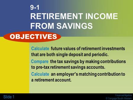 Financial Algebra © Cengage/South-Western Slide 1 9-1 RETIREMENT INCOME FROM SAVINGS Calculate future values of retirement investments that are both single.