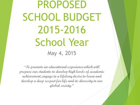 PROPOSED SCHOOL BUDGET 2015-2016 School Year May 4, 2015 “ To promote an educational experience which will prepare our students to develop high levels.