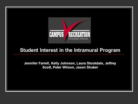 Student Interest in the Intramural Program Jennifer Farrell, Kelly Johnson, Laura Stockdale, Jeffrey Scott, Peter Wilson, Jason Shaker.