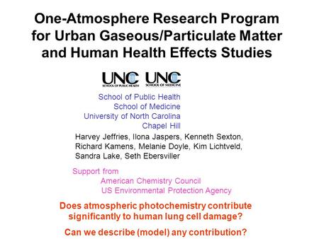 One-Atmosphere Research Program for Urban Gaseous/Particulate Matter and Human Health Effects Studies School of Public Health School of Medicine University.