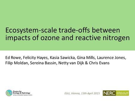 Ecosystem-scale trade-offs between impacts of ozone and reactive nitrogen Ed Rowe, Felicity Hayes, Kasia Sawicka, Gina Mills, Laurence Jones, Filip Moldan,