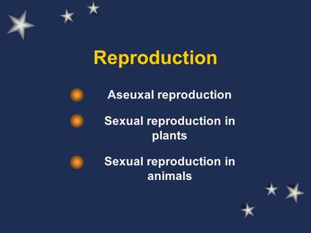 Reproduction Aseuxal reproduction Sexual reproduction in plants Sexual reproduction in animals.