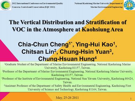 The Vertical Distribution and Stratification of VOC in the Atmosphere at Kaohsiung Area 2012 International Conference on Environmental Quality Concern,