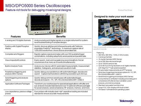 MSO/DPO5000 Series Oscilloscopes Feature-rich tools for debugging mixed signal designs Designed to make your work easier Wave Inspector® controls speed.