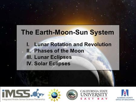 I.Lunar Rotation and Revolution II.Phases of the Moon III.Lunar Eclipses IV.Solar Eclipses The Earth-Moon-Sun System.