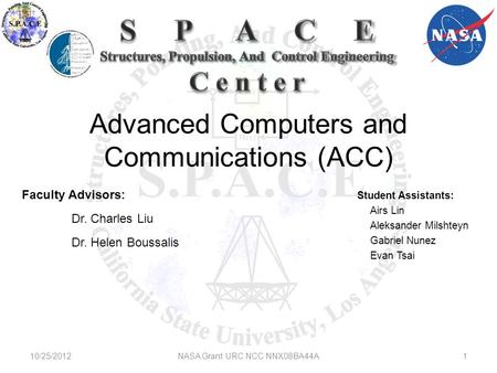 Advanced Computers and Communications (ACC) Faculty Advisors: Dr. Charles Liu Dr. Helen Boussalis 10/25/20121NASA Grant URC NCC NNX08BA44A Student Assistants: