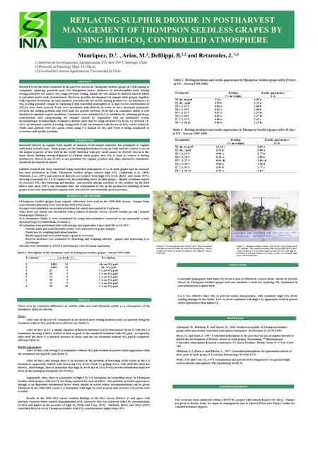 REPLACING SULPHUR DIOXIDE IN POSTHARVEST MANAGEMENT OF THOMPSON SEEDLESS GRAPES BY USING HIGH-CO 2 CONTROLLED ATMOSPHERE Manriquez, D. 1., Arias, M. 3,
