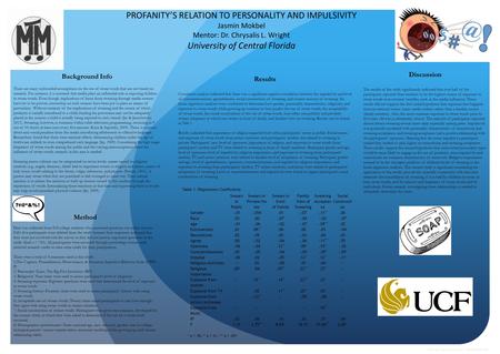 PROFANITY’S RELATION TO PERSONALITY AND IMPULSIVITY Jasmin Mokbel Mentor: Dr. Chrysalis L. Wright University of Central Florida Results Correlation analysis.