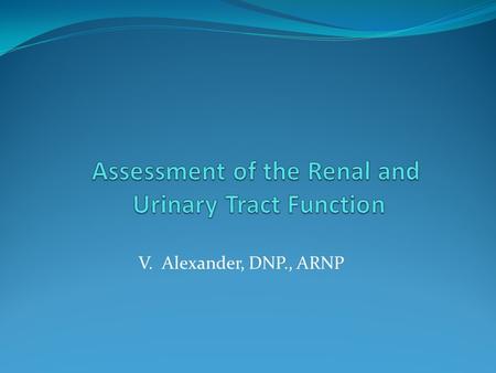 V. Alexander, DNP., ARNP. Objectives Review major anatomical structures, physiology, and pathophysiology of the genitourinary and renal systems Select.