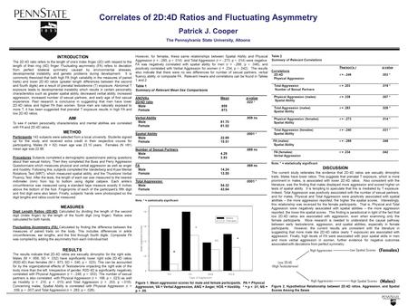 Correlates of 2D:4D Ratios and Fluctuating Asymmetry Patrick J. Cooper The Pennsylvania State University, Altoona INTRODUCTION The 2D:4D ratio refers to.