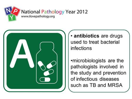 Antibiotics are drugs used to treat bacterial infections microbiologists are the pathologists involved in the study and prevention of infectious diseases.