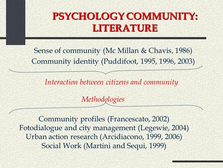 PSYCHOLOGY COMMUNITY: LITERATURE Sense of community (Mc Millan & Chavis, 1986) Community identity (Puddifoot, 1995, 1996, 2003) Interaction between citizens.