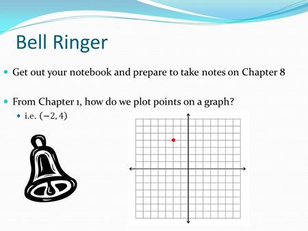 Bell Ringer Get out your notebook and prepare to take notes on Chapter 8 From Chapter 1, how do we plot points on a graph? i.e. −2, 4.