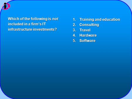 1.Training and education 2.Consulting 3.Travel 4.Hardware 5.Software Which of the following is not included in a firm’s IT infrastructure investments?