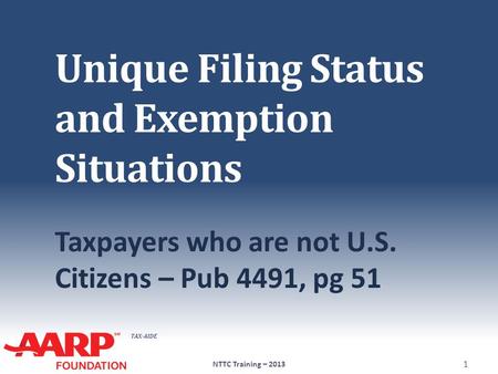 TAX-AIDE Unique Filing Status and Exemption Situations Taxpayers who are not U.S. Citizens – Pub 4491, pg 51 1 NTTC Training – 2013.