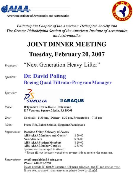 Philadelphia Chapter of the American Helicopter Society and The Greater Philadelphia Section of the American Institute of Aeronautics and Astronautics.