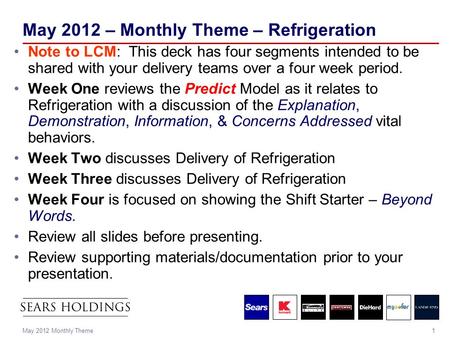 1May 2012 Monthly Theme May 2012 – Monthly Theme – Refrigeration Note to LCM: This deck has four segments intended to be shared with your delivery teams.