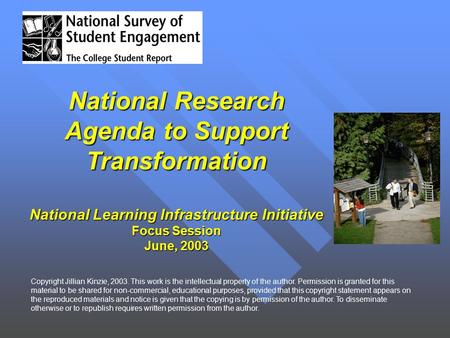 National Research Agenda to Support Transformation National Learning Infrastructure Initiative Focus Session June, 2003 Copyright Jillian Kinzie, 2003.