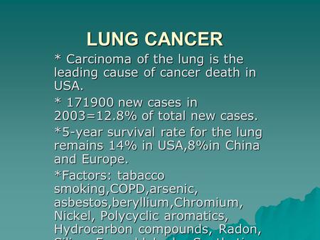 LUNG CANCER * Carcinoma of the lung is the leading cause of cancer death in USA. * 171900 new cases in 2003=12.8% of total new cases. *5-year survival.