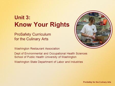ProSafety for the Culinary Arts Unit 3: Know Your Rights ProSafety Curriculum for the Culinary Arts Washington Restaurant Association Dept of Environmental.