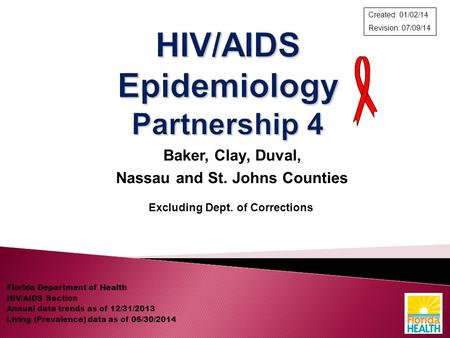 Baker, Clay, Duval, Nassau and St. Johns Counties Excluding Dept. of Corrections Florida Department of Health HIV/AIDS Section Annual data trends as of.
