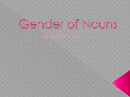  A noun is a person, place, thing, or idea  In Spanish, all nouns are either masculine or feminine. Masculine NounsFeminine Nouns el librola puerta.