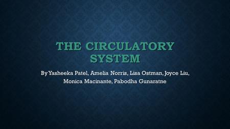 THE CIRCULATORY SYSTEM By Yasheeka Patel, Amelia Norris, Lisa Ostman, Joyce Liu, Monica Macinante, Pabodha Gunaratne.