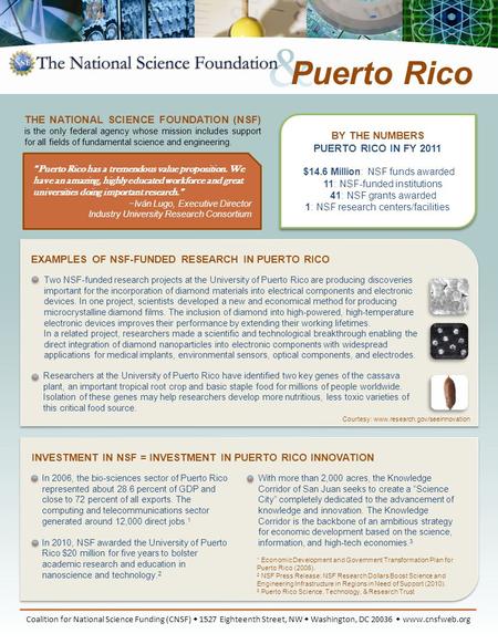 BY THE NUMBERS PUERTO RICO IN FY 2011 $14.6 Million: NSF funds awarded 11: NSF-funded institutions 41: NSF grants awarded 1: NSF research centers/facilities.