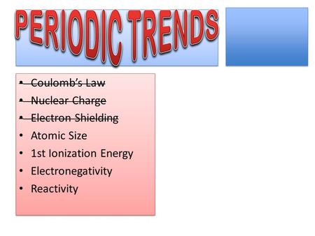 PERIODIC TRENDS Coulomb’s Law Nuclear Charge Electron Shielding