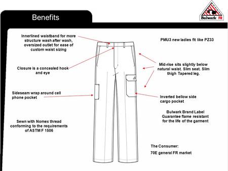 Pr Benefits Sewn with Nomex thread conforming to the requirements of ASTM F 1506 Bulwark Brand Label Guarantee flame resistant for the life of the garment.