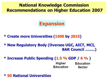 National Knowledge Commission Recommendations on Higher Education 2007