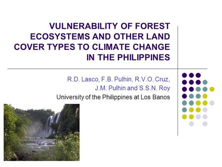 VULNERABILITY OF FOREST ECOSYSTEMS AND OTHER LAND COVER TYPES TO CLIMATE CHANGE IN THE PHILIPPINES R.D. Lasco, F.B. Pulhin, R.V.O. Cruz, J.M. Pulhin and.