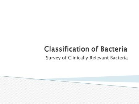 Classification of Bacteria Survey of Clinically Relevant Bacteria.