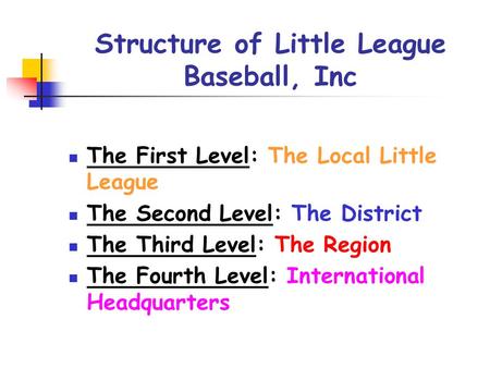 Structure of Little League Baseball, Inc The First Level: The Local Little League The Second Level: The District The Third Level: The Region The Fourth.