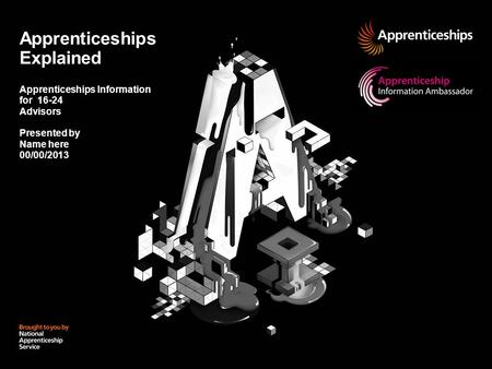 Apprenticeships Explained Apprenticeships Information for 16-24 Advisors Presented by Name here 00/00/2013.