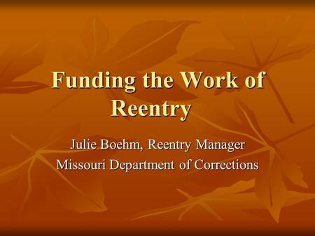 Funding the Work of Reentry Julie Boehm, Reentry Manager Missouri Department of Corrections.