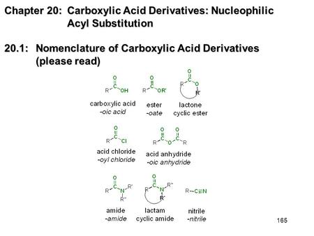 165 Chapter 20: Carboxylic Acid Derivatives: Nucleophilic Acyl Substitution 20.1: Nomenclature of Carboxylic Acid Derivatives (please read)