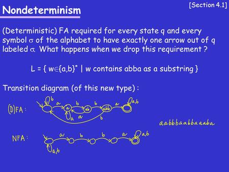 Nondeterminism (Deterministic) FA required for every state q and every symbol  of the alphabet to have exactly one arrow out of q labeled . What happens.