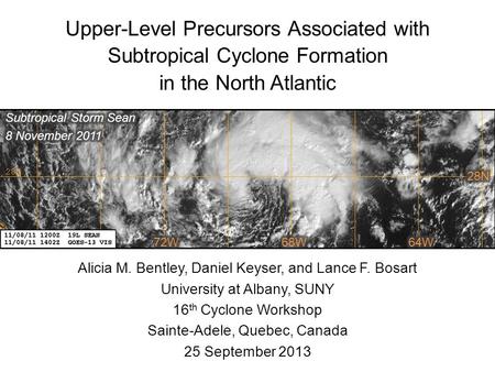 Upper-Level Precursors Associated with Subtropical Cyclone Formation in the North Atlantic Alicia M. Bentley, Daniel Keyser, and Lance F. Bosart University.