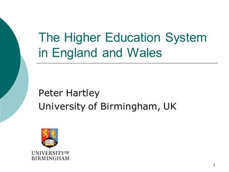 1 The Higher Education System in England and Wales Peter Hartley University of Birmingham, UK.
