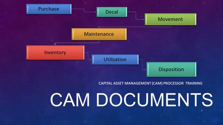 CAM DOCUMENTS CAPITAL ASSET MANAGEMENT (CAM) PROCESSOR TRAINING 1 Purchase Decal Movement Maintenance Inventory Utilization Disposition.