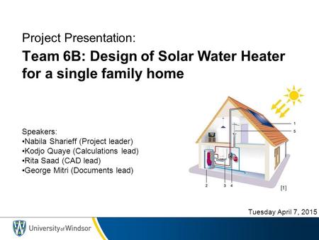 Team 6B: Design of Solar Water Heater for a single family home Speakers: Nabila Sharieff (Project leader) Kodjo Quaye (Calculations lead) Rita Saad (CAD.
