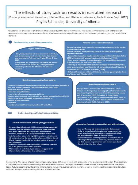 The effects of story task on results in narrative research [Poster presented at Narratives, Intervention, and Literacy conference, Paris, France, Sept.